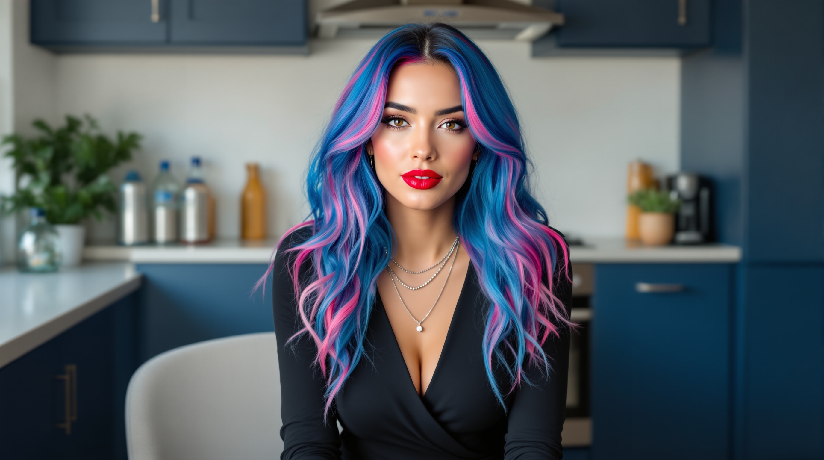 A confident young woman with long, wavy...